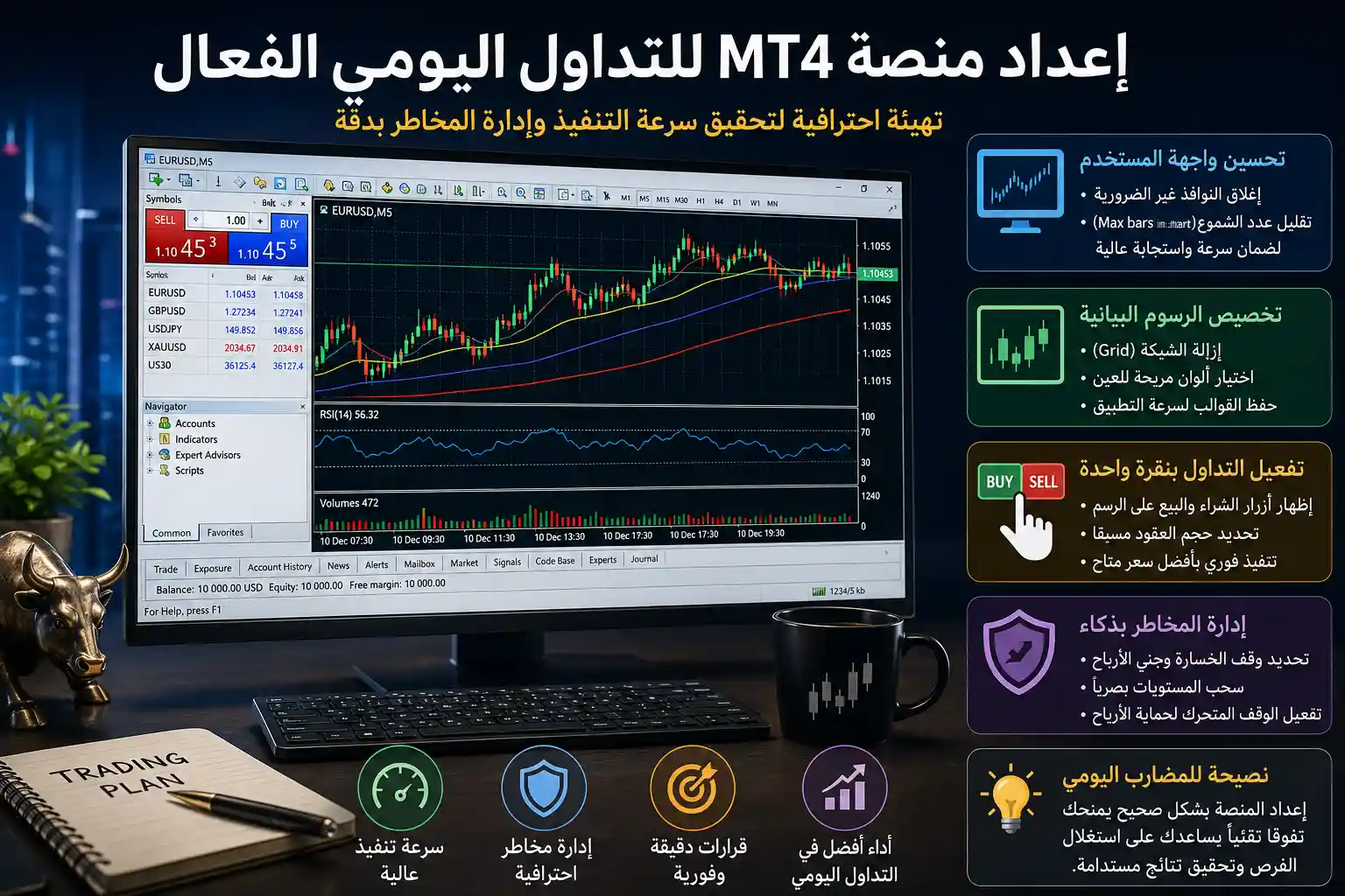 إعداد منصة MT4 للتداول اليومي الفعال وتحسين سرعة التنفيذ وإدارة المخاطر